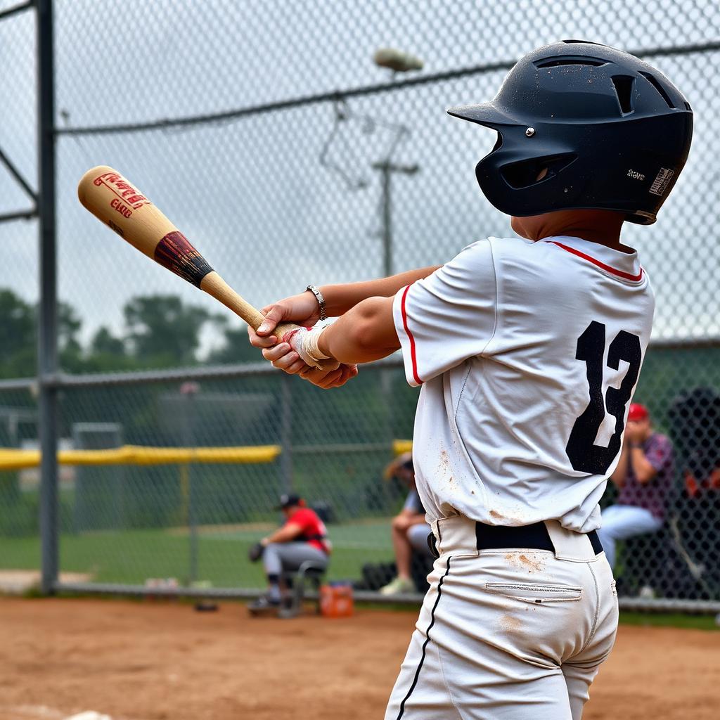 Youth baseball batter swinging and missing badly