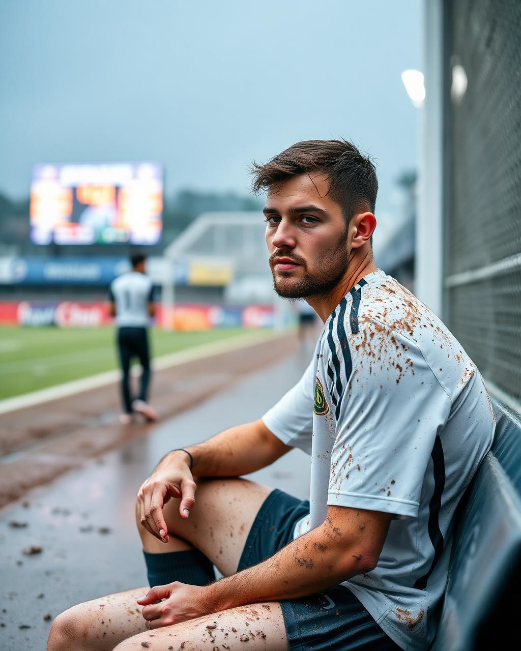 Muddy soccer player sitting alone on a bench in the rain