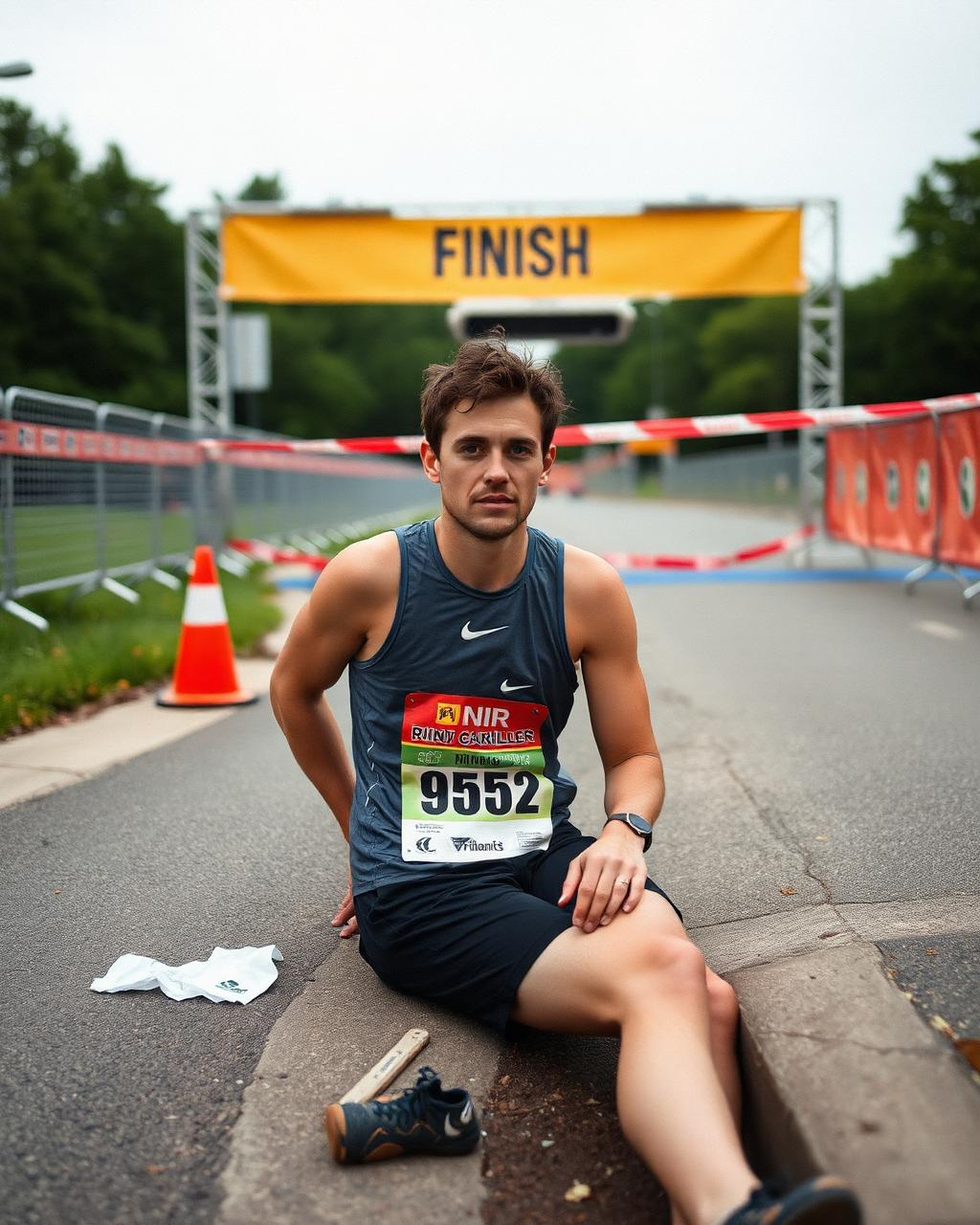 Exhausted runner sitting on a curb near a finish line being taken down