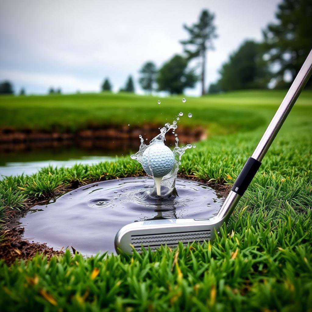 Golf ball splashing into a pond beside a club on the grass