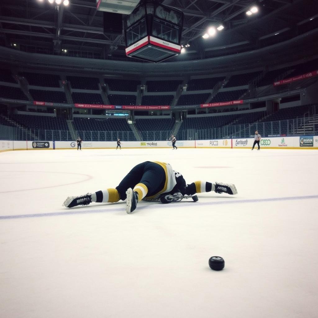 Hockey player face-down on the ice with the puck sliding away