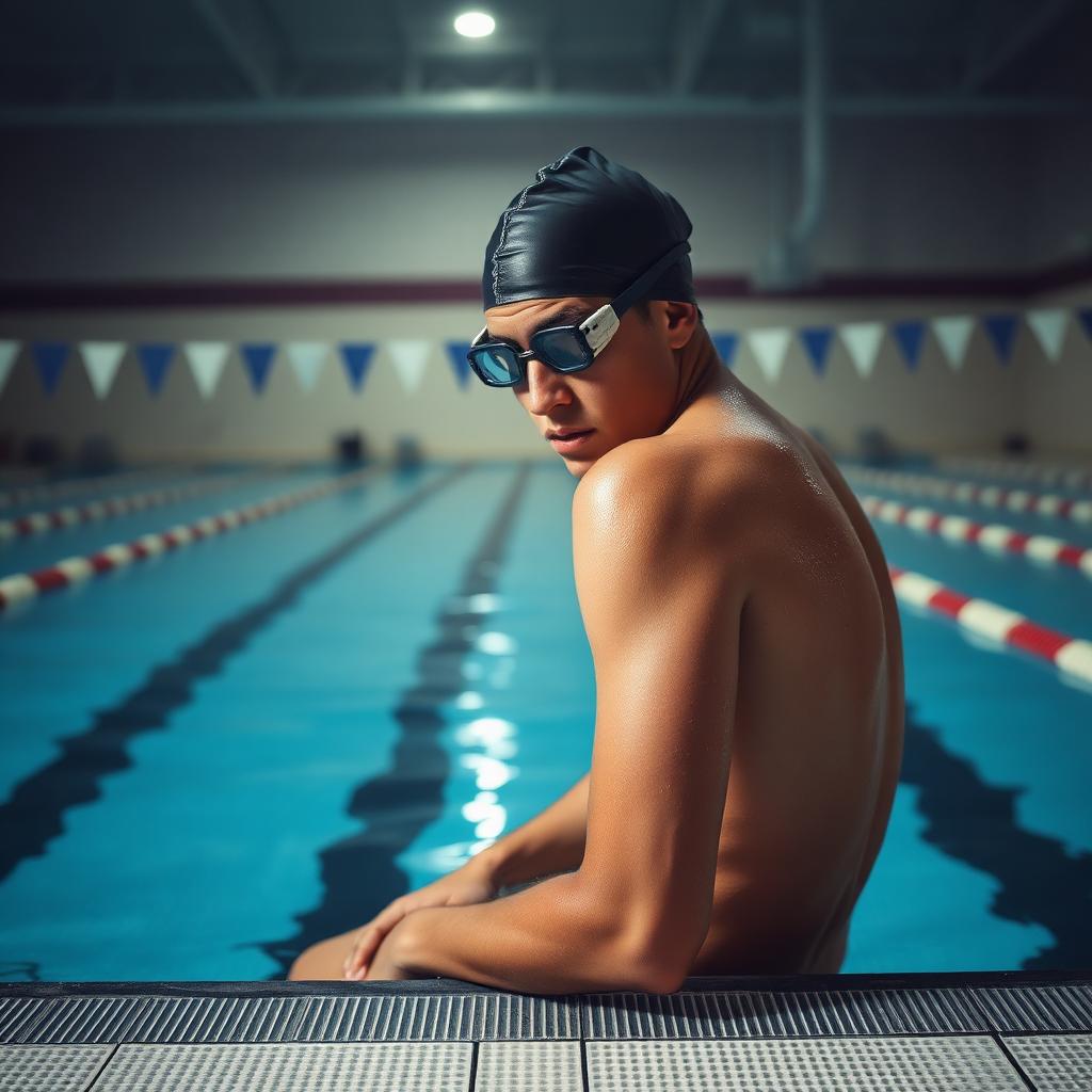 Exhausted swimmer sitting on the pool deck beside empty lanes